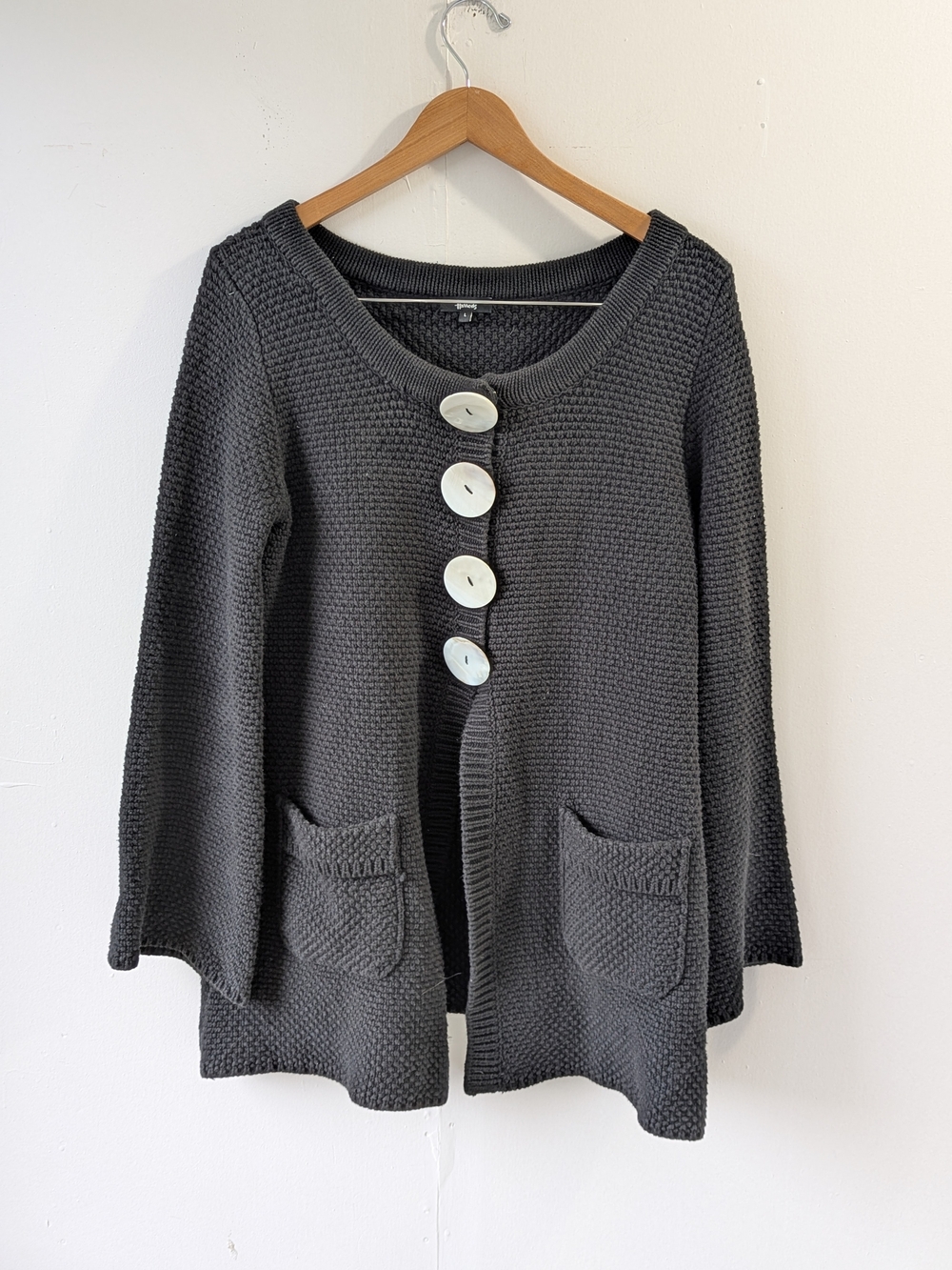 Harrods Heavyweight Cotton Knit Cardigan White Shell Buttons Black Large